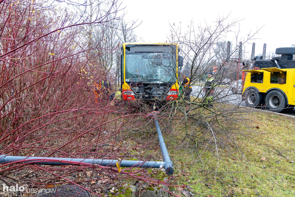 Miejski autobus skosił latarnię i wjechał w drzewa