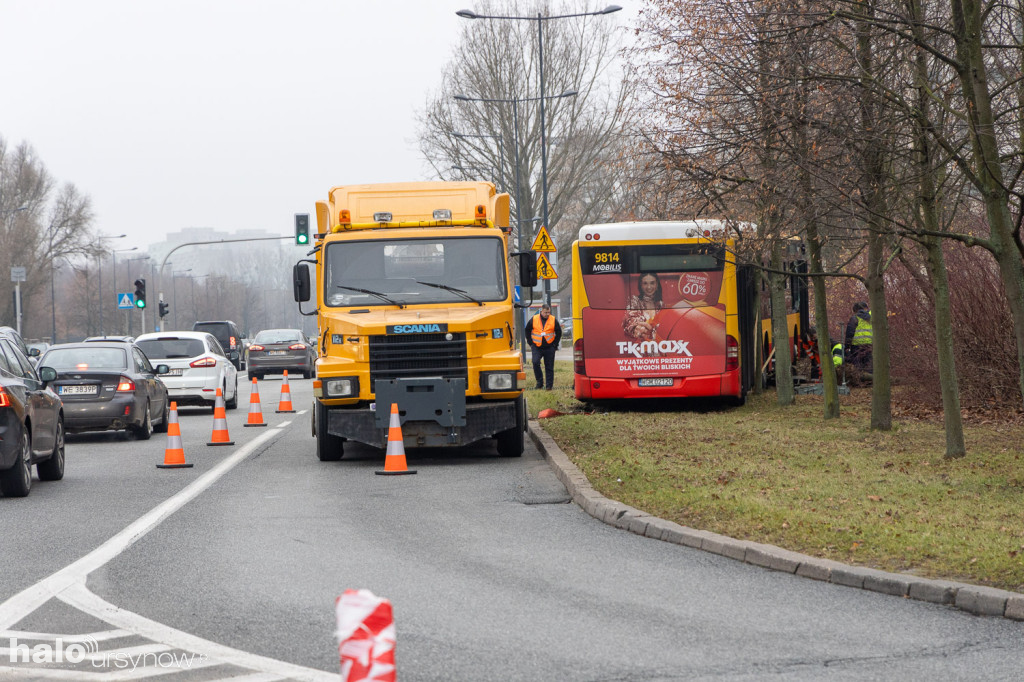 Miejski autobus skosił latarnię i wjechał w drzewa