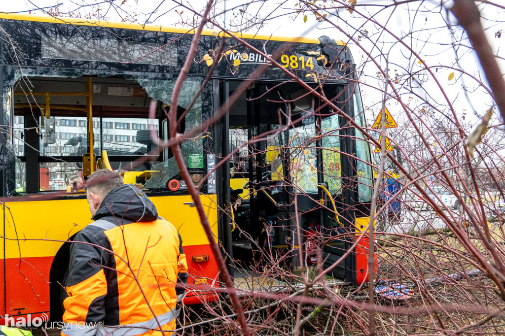 Miejski autobus skosił latarnię i wjechał w drzewa