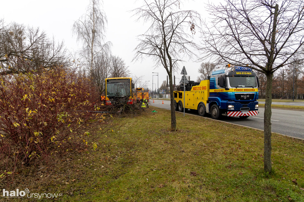 Miejski autobus skosił latarnię i wjechał w drzewa