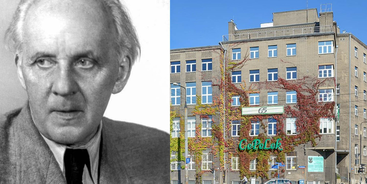 Romuald Gutt, patron ulicy na Ursynowie. Po prawej jedno z jego dzieł: Gmach Warszawskiej Szkoły Pielęgniarstwa przy ul. Koszykowej 78