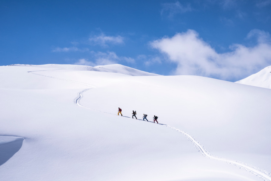 Livigno, Alpy, Włochy. Na tle białej góry widać wędrującą grupę czterech osób.