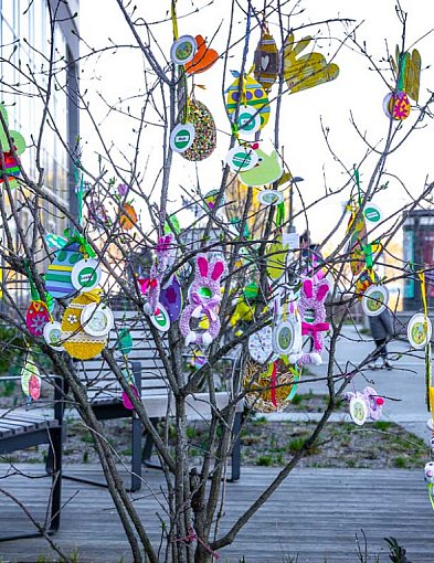 Ale kolorowo pod ratuszem! Na krzewach wyrosły zajączki i wielkanocne jaja